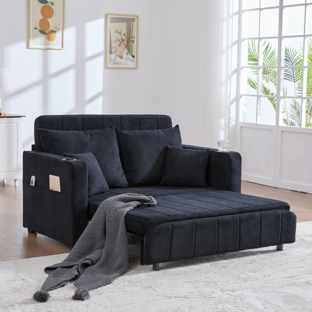 Sofá cama dobrável em chenille preto com bolsos laterais e almofadas