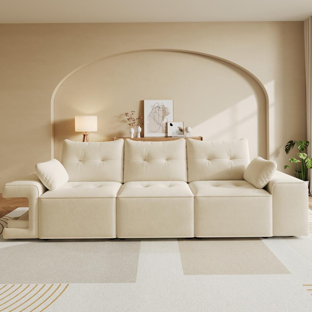 Sofá modular 3 lugares em veludo bege com arrumação e nichos para animais