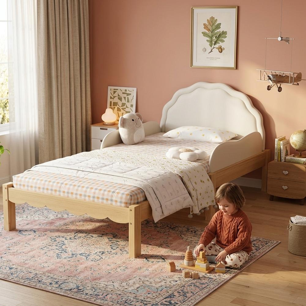 Cama infantil 90x200cm, cabeceira acolchoada, grade lateral bege