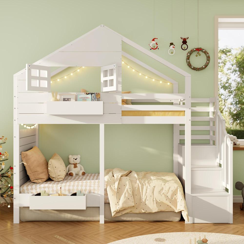 Beliche infantil 90x200cm com janela, escada, gavetas, branco