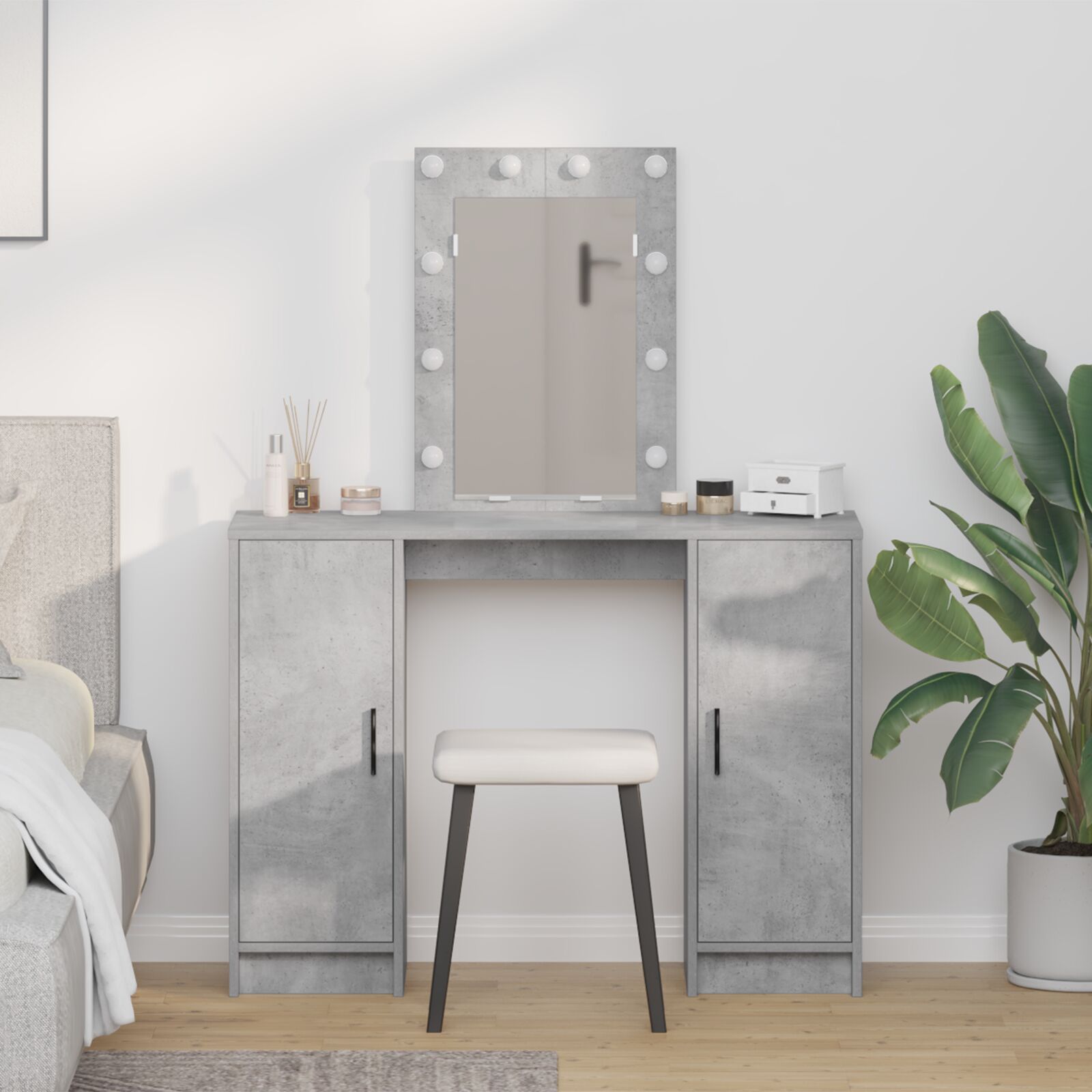 Mesa de maquiagem com luzes LED cinza concreto 102x33x135 cm wf999235