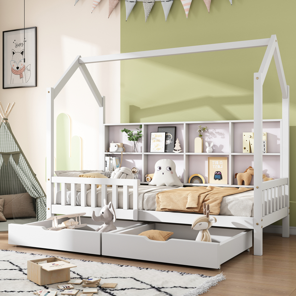 Cama casinha 90x200cm com arrumação e duas gavetas madeira de pinho branco