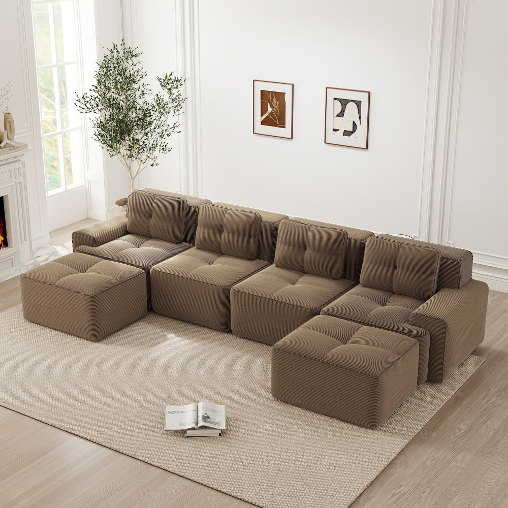 Sofá modular em u em bombazina castanho 4 lugares sem montagem