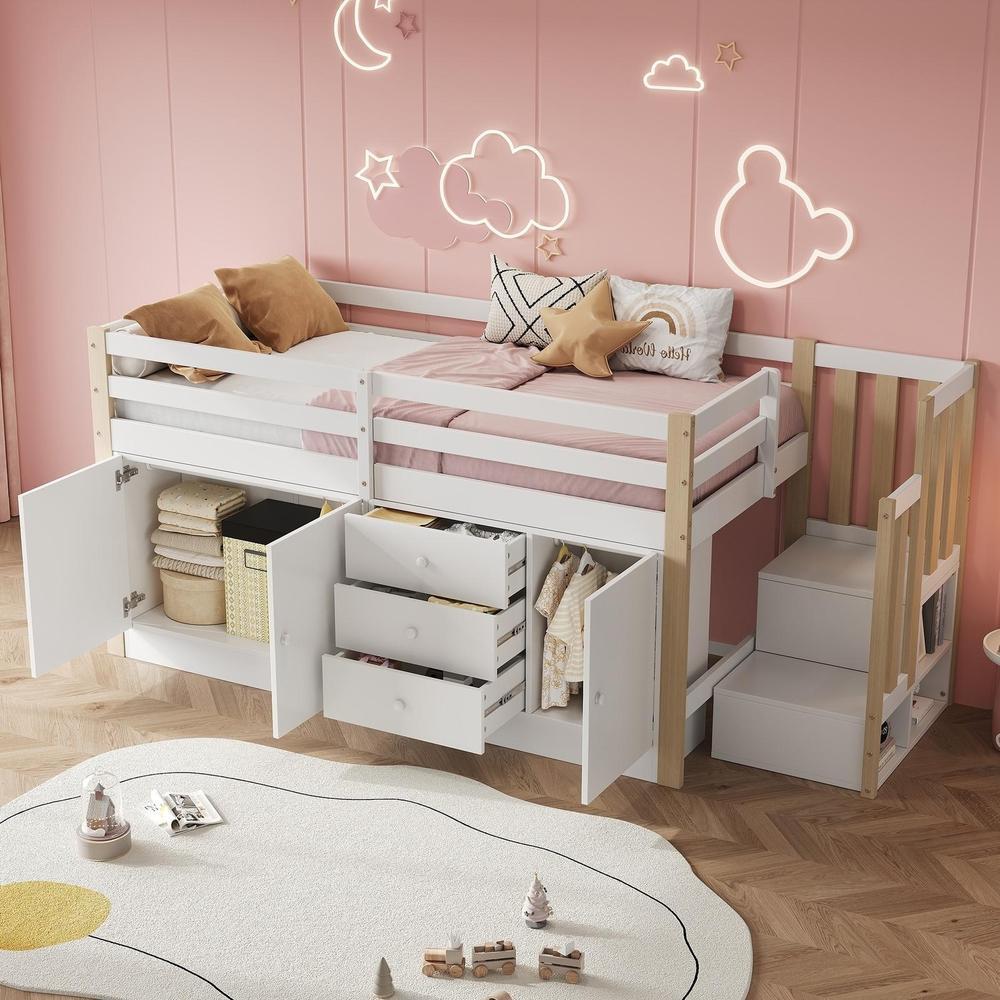Cama mezanino infantil 90x200cm com escada gavetas armarios branco