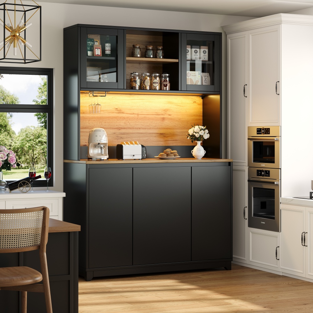 Armário de cozinha com LED e portas em acrílico preto 120x40x180 cm