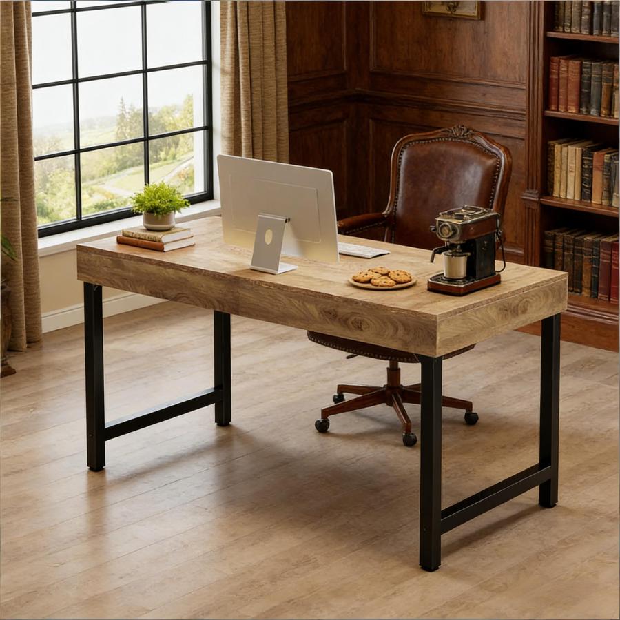 Mesa de escritório rústica mdf metal preto castanho 140cm