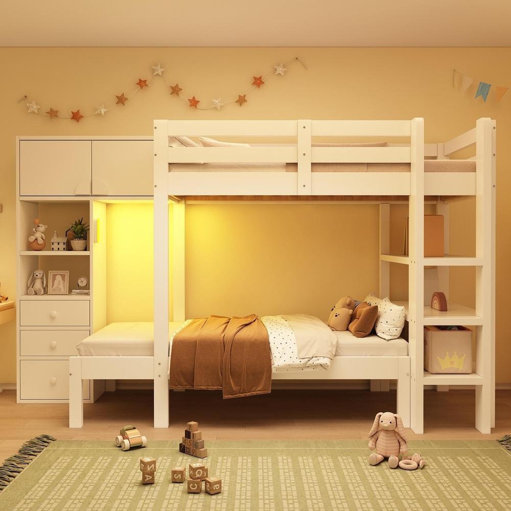 Beliche infantil 90x200cm com LED, armário, gavetas e prateleiras