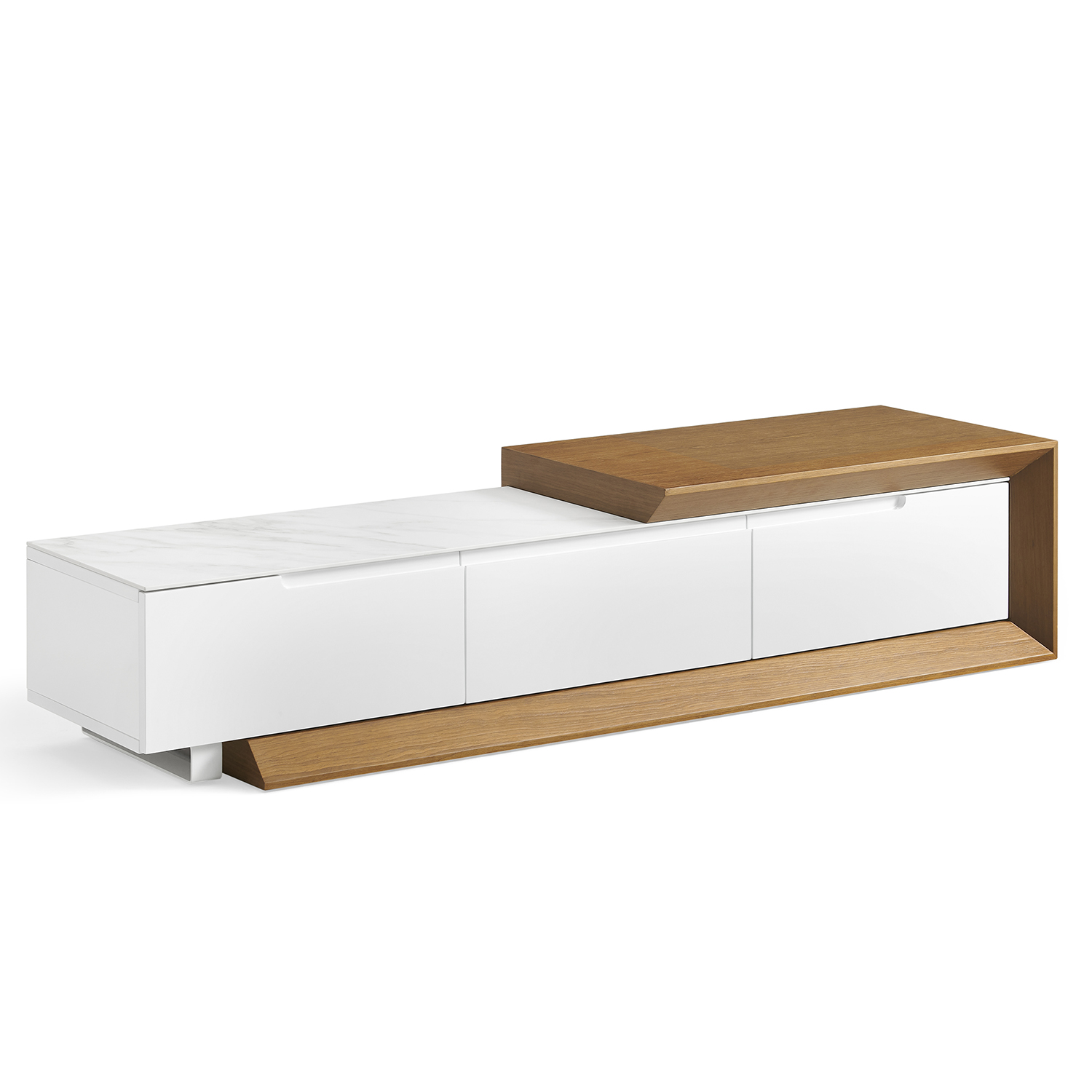 Mesa tv madera roble, blanco con superficie ceramica y 3 cajones