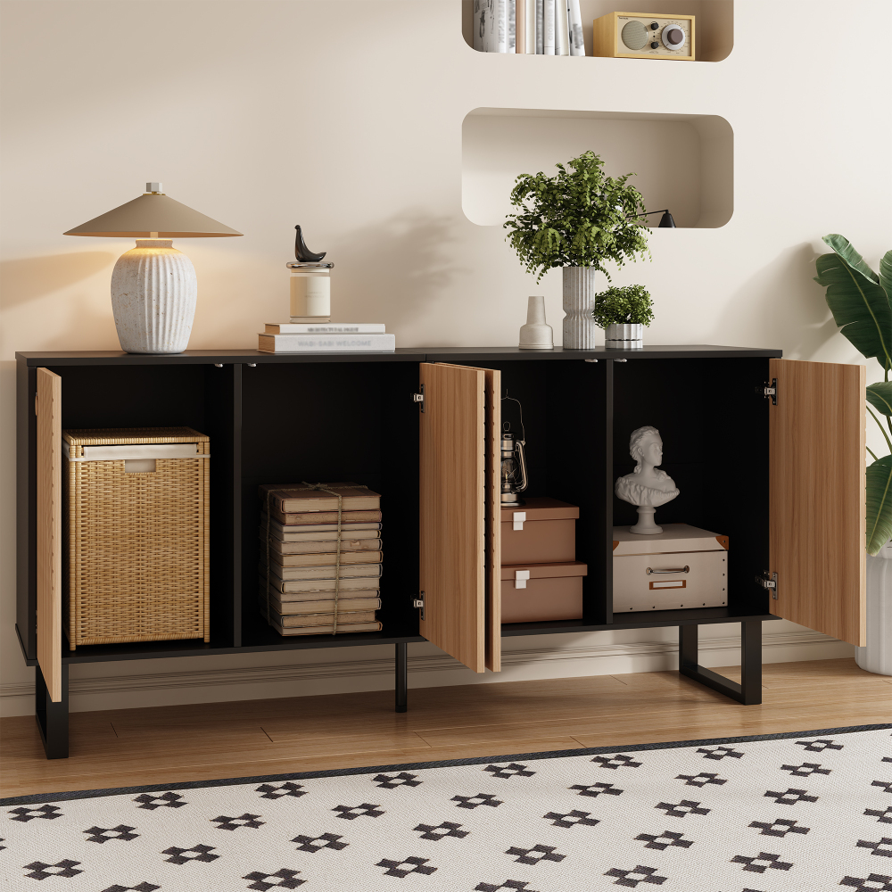 Móvel de tv moderno com portas ripadas preto natural 75x160x38cm