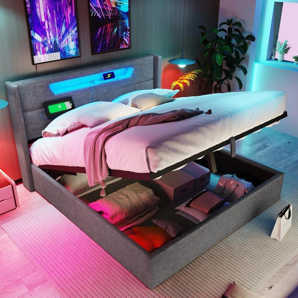 Cama de casal 140x200cm com LED usb e arrumação hidráulica cinzento