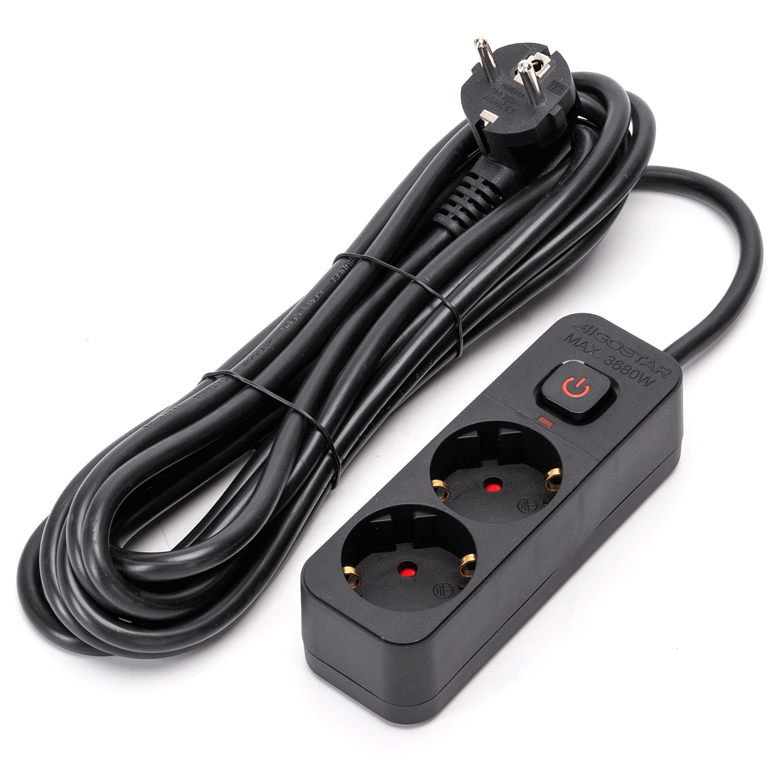 Aigostar régua 2 tomadas, extensão 5m com interruptor, preto