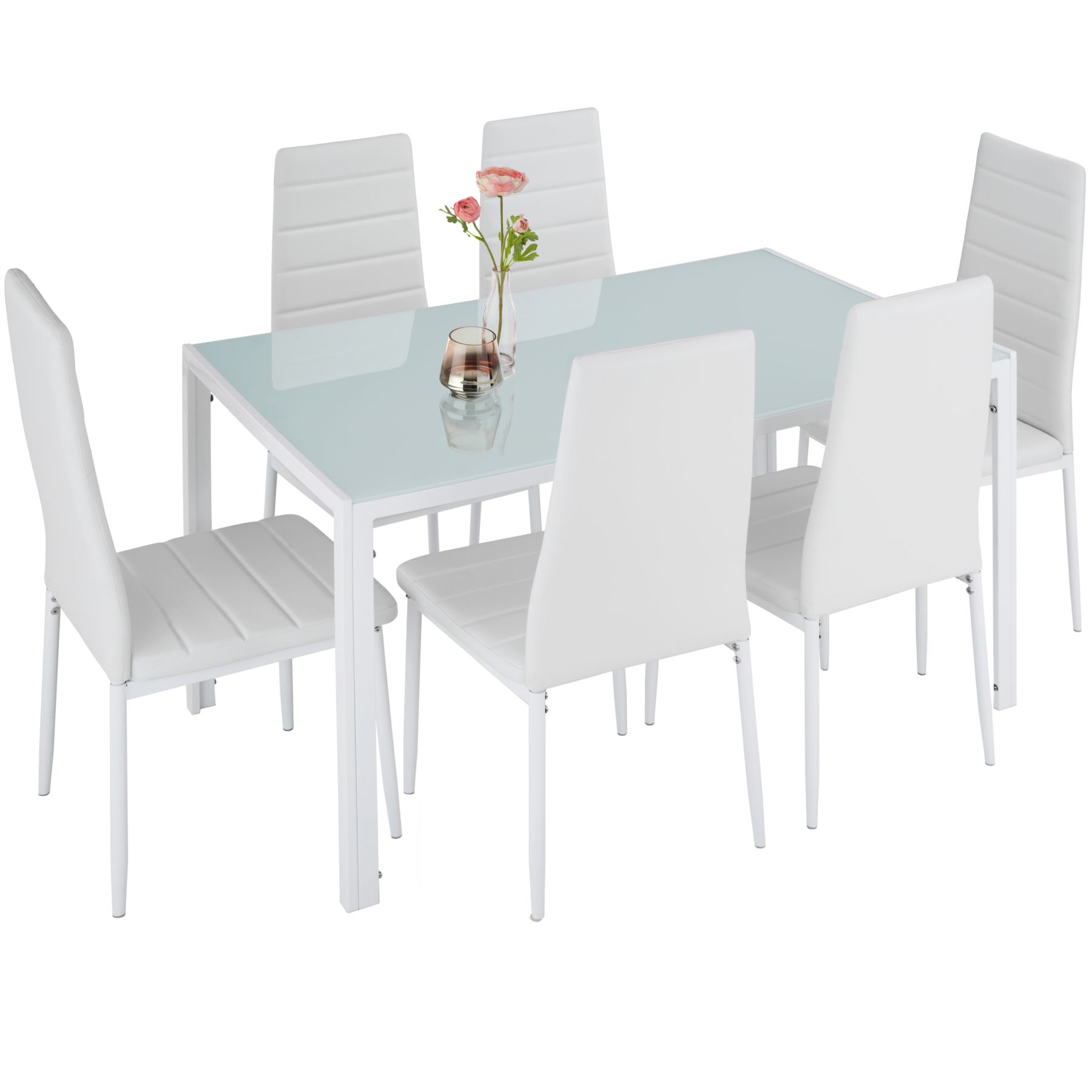 Tectake 7 peças mesa aço vidro, 6 cadeiras couro sintético, branco/branco