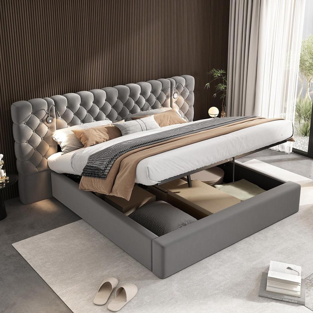 Cama baú 160x200cm veludo com cabeceira estofada cinzento