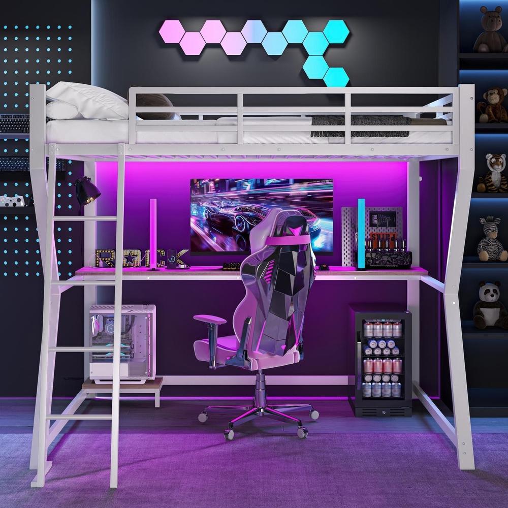 Cama alta 90x200 cm com secretária gaming LED, usb e escada, branca