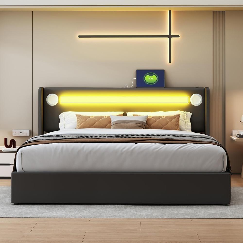 Cama 160x200cm com bluetooth, 2 portas usb, LED e arrumação preta