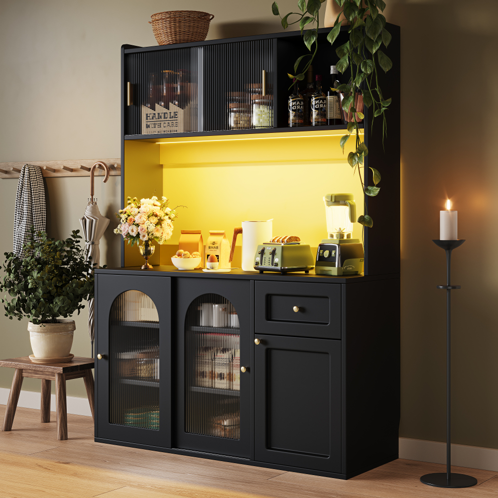 Armário de cozinha alto com LED preto em mdf e vidro 120 x 35 x 167 cm