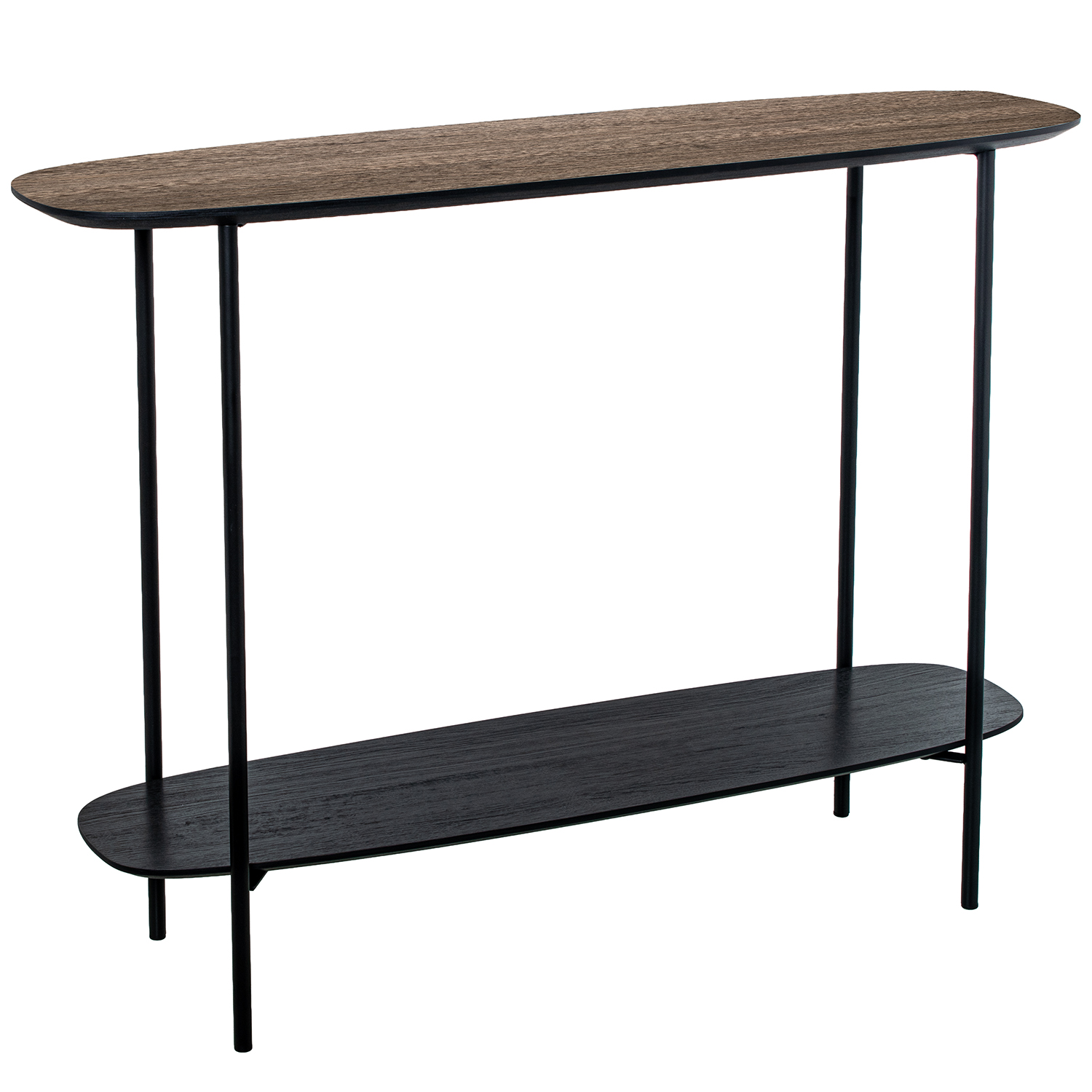 Mesa de entrada com acabamento em madeira e pés de metal preto.