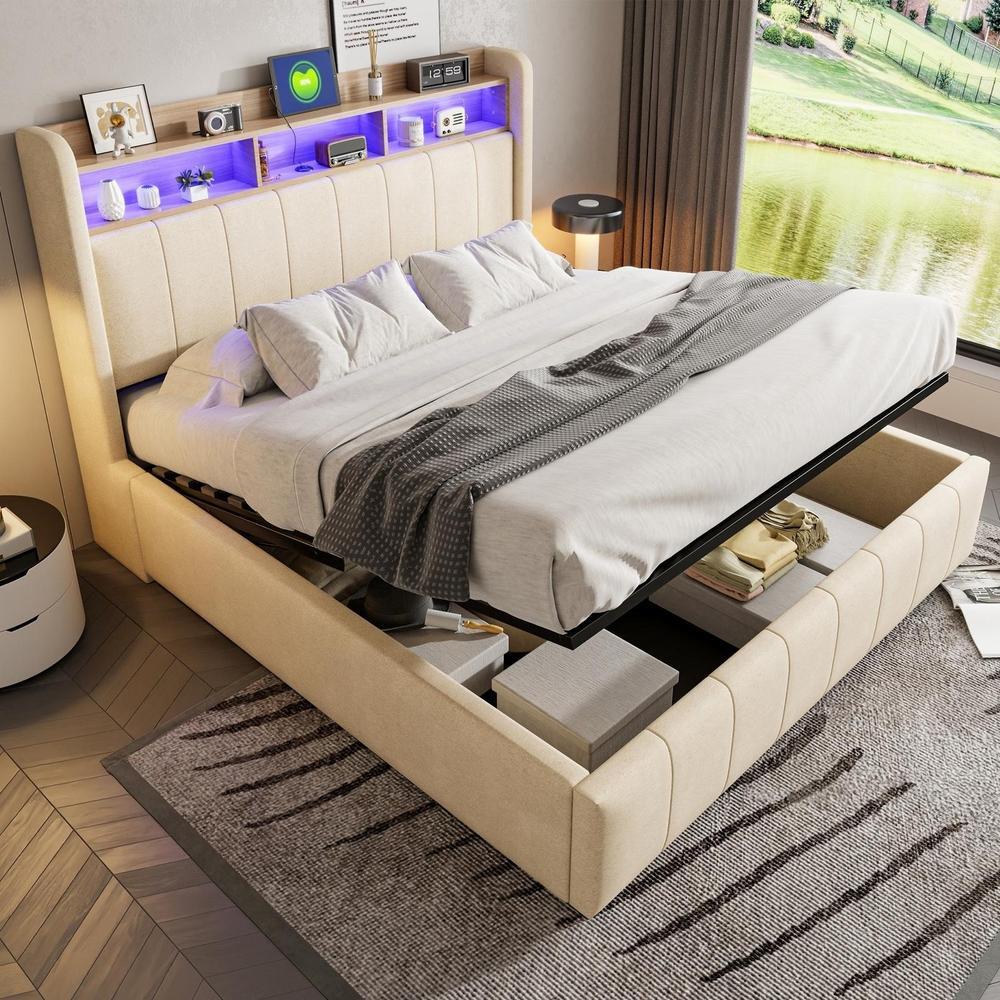 Cama de casal elevatória LED usb-c 160x200cm com arrumação bege