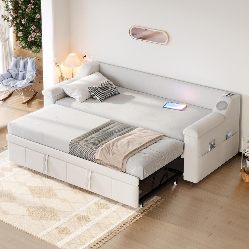 Sofá cama estofado conversível 90x190cm com carregador usb bege