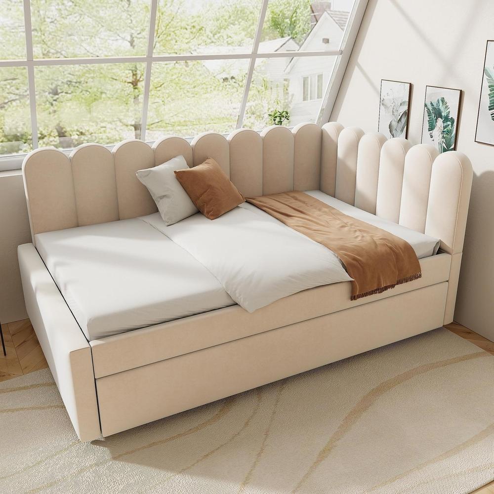 Sofá cama de canto com cama auxiliar 140x200cm veludo bege