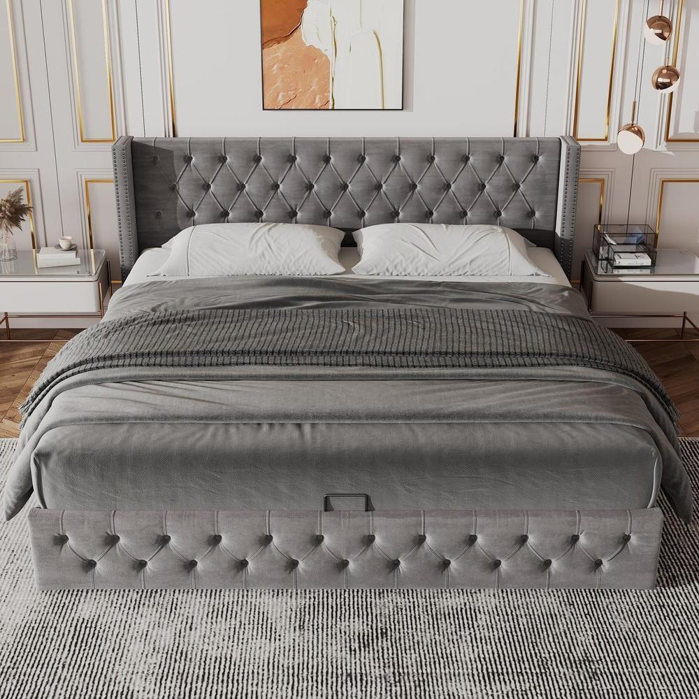 Cama de casal estofada com baú hidráulico 140x190cm cinzenta