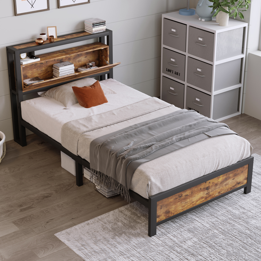 Cama individual 90x200cm com arrumação em metal e madeira – natural
