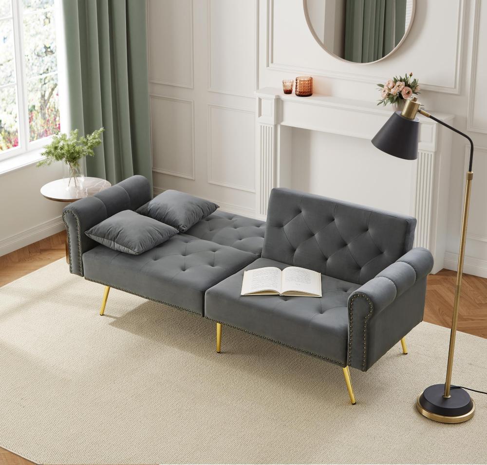 Sofá cama 2 lugares em veludo cinzento antigo com encosto ajustável