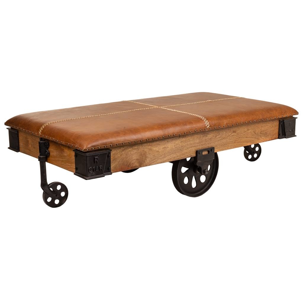 Mesa de centro madeira metal e couro marrom 165x90x52