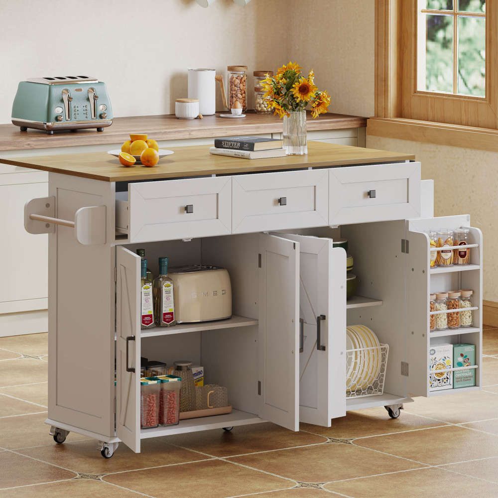 Ilha de cozinha em mdf branco e natural com tampo rebatível e rodas