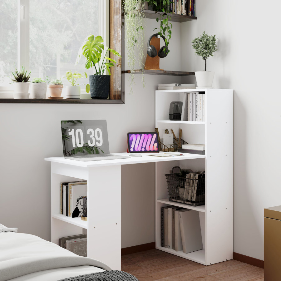 Mesa de escritório com estante contraplacado branco 120x120x55cm