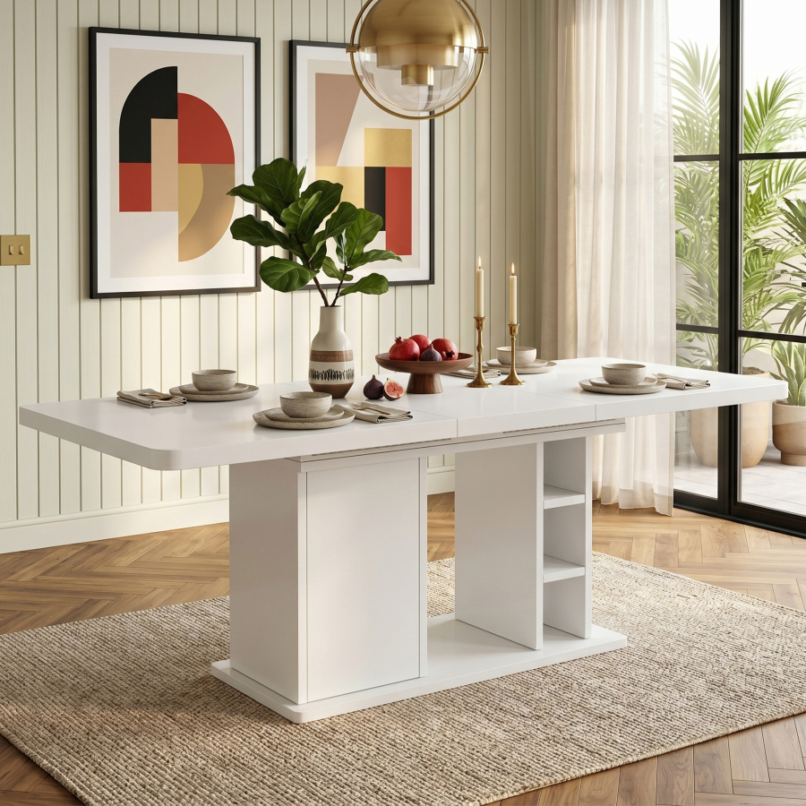 Mesa de comedor extensible con almacenaje mdf blanco 180x80cm