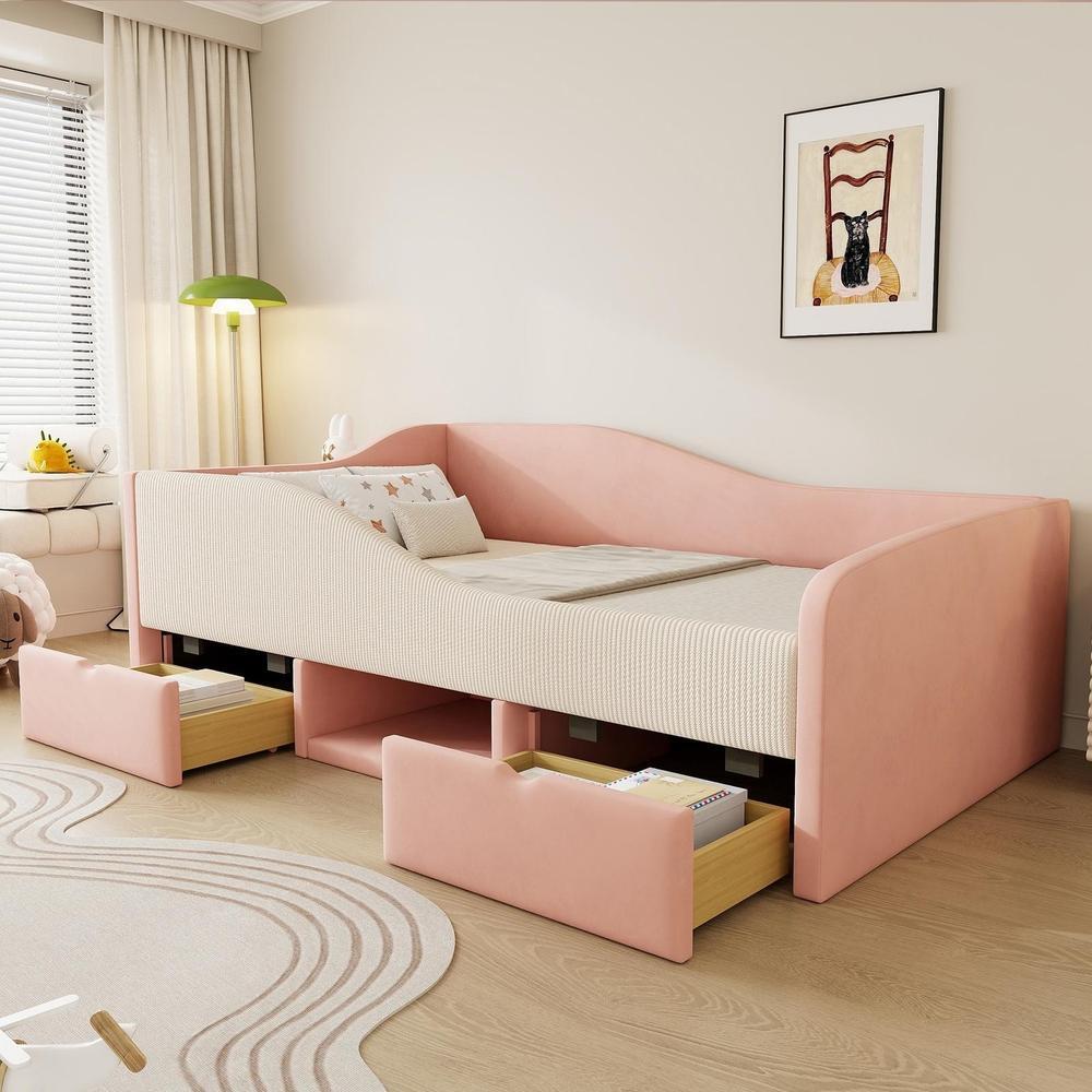 Cama infantil 90x190cm, sofá-cama, 2 gavetas, proteção, rosa creme