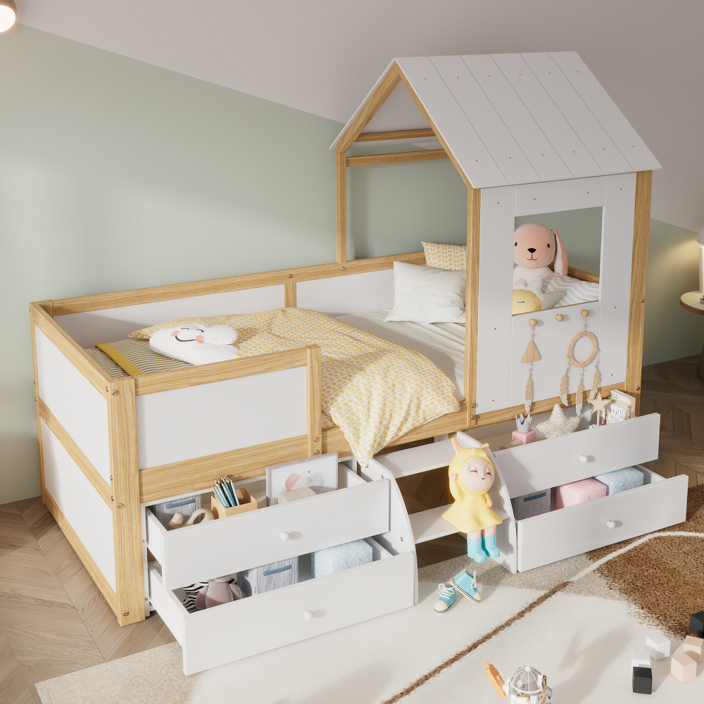 Cama 90x200cm com telhado janela e arrumação madeira branco natural