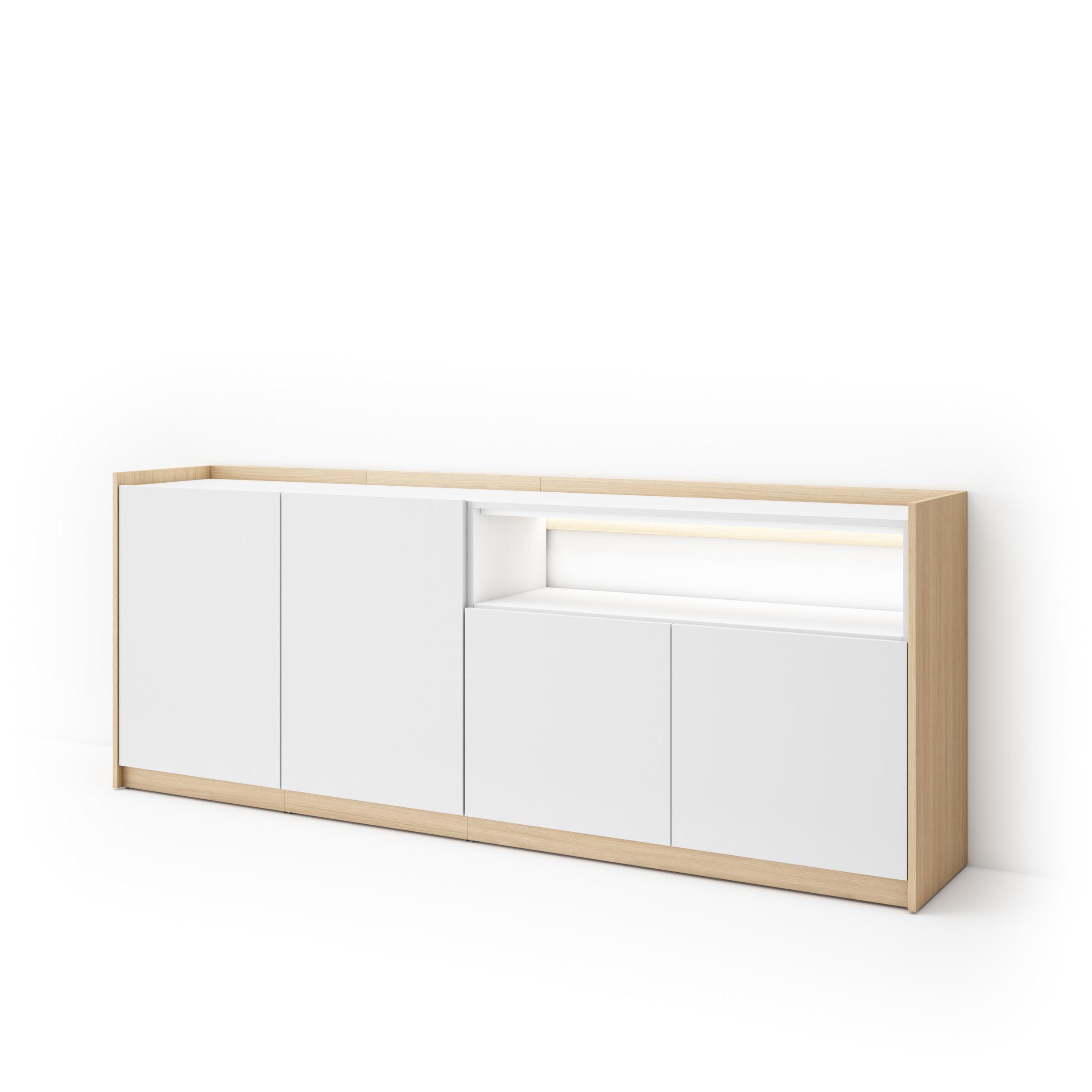 Aparador sala de jantar, 207x37x80cm, branco e carvalho soft, LED rf4951