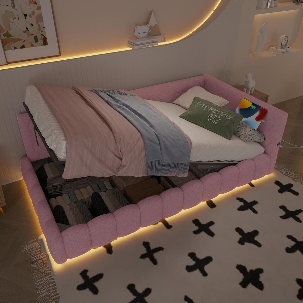 Cama diurna conversível em sofá 90x200cm com somier e LED rosa