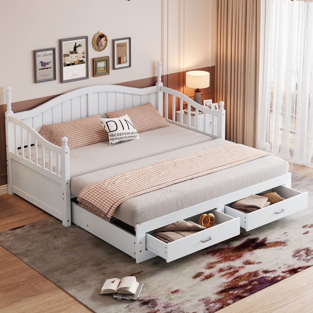 Sofá cama extensível 90x190cm em madeira com arrumação e estrado – branco