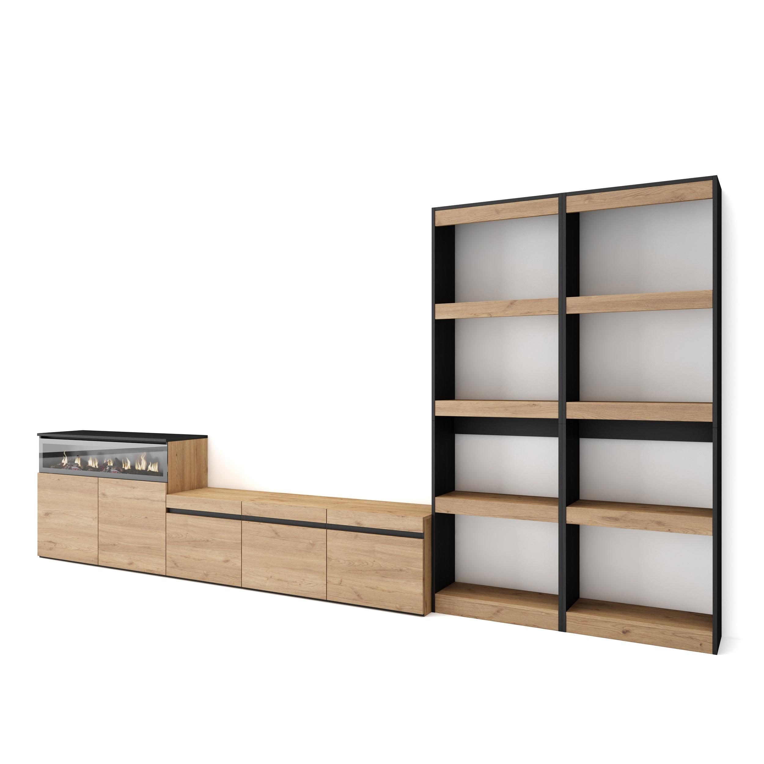 Móveis tv, 370x35x186cm, carvalho e preto, lareira eléctrica rf3184