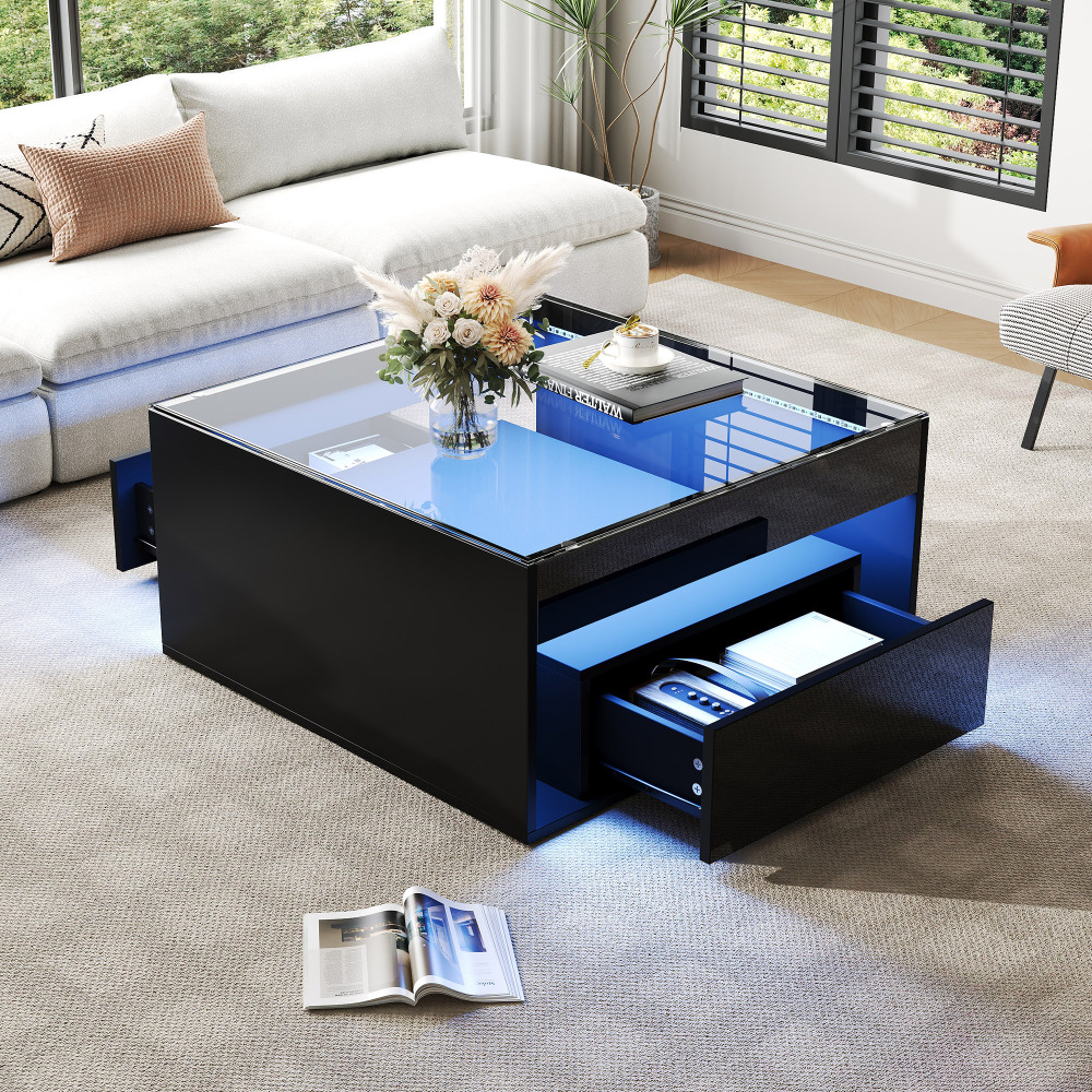 Mesa de centro com LED e 2 gavetas preto 35x70x70cm