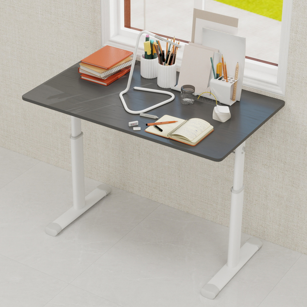 Mesa de escritório regulável cinza metal e madeira