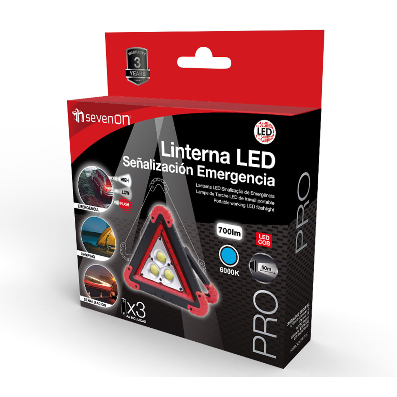 Sinalizador de emergência portátil triangular com 4 modos de iluminação