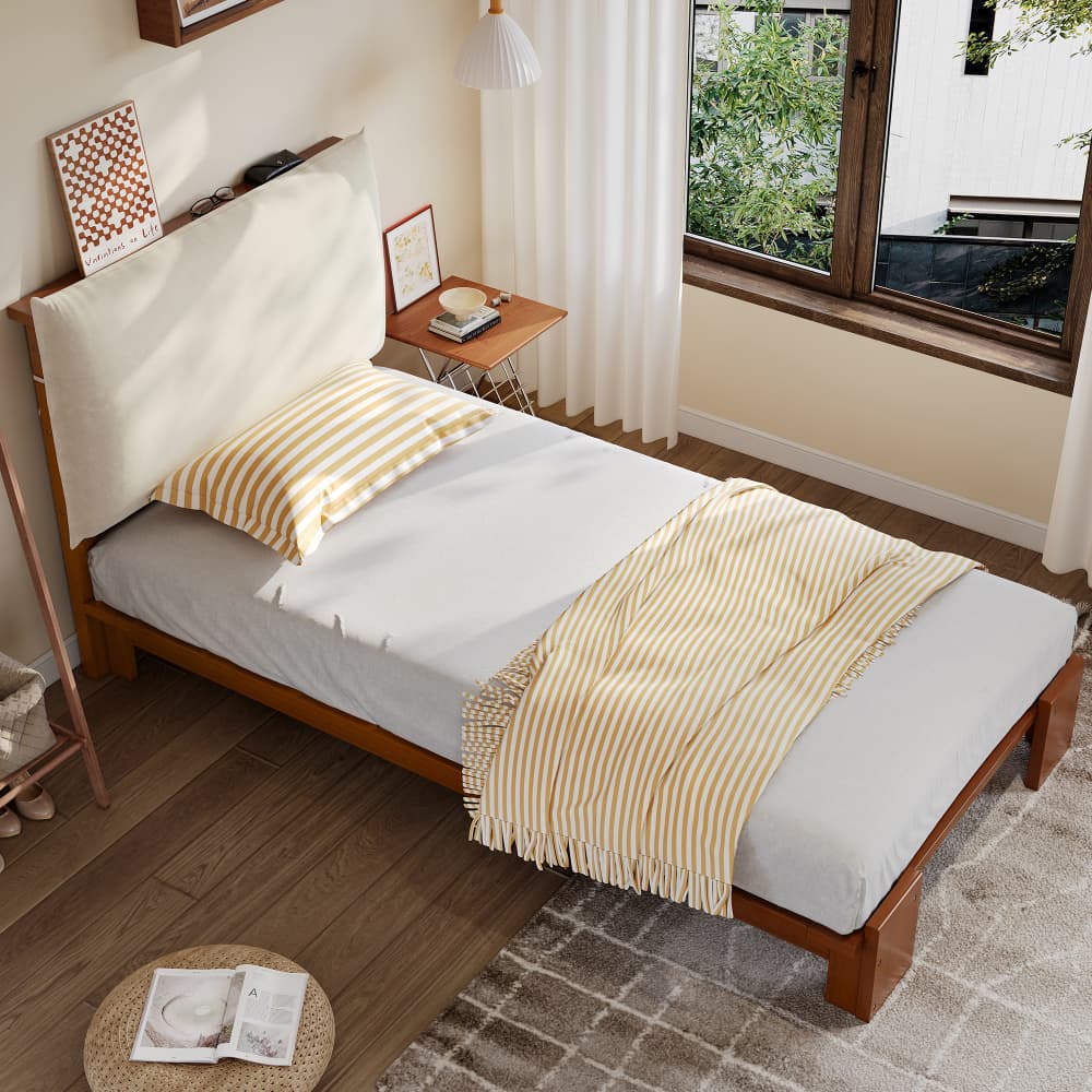 Cama estofada 90x200cm com cabeceira acolchoada velcro madeira – castanho