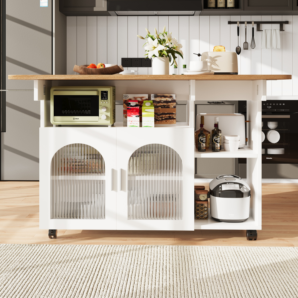 Ilha de cozinha com tampo dobrável e rodas em mdf e vidro branco