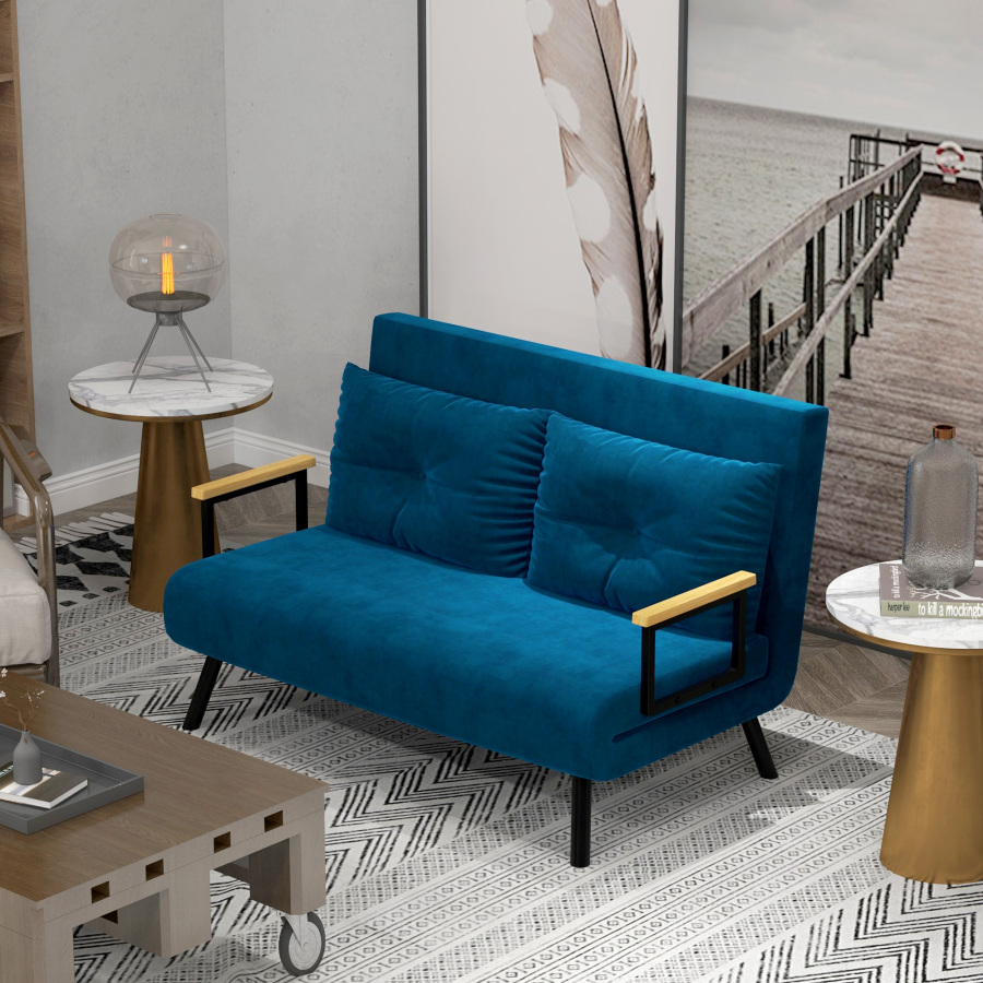Sofá-cama individual em veludo azul com encosto ajustável