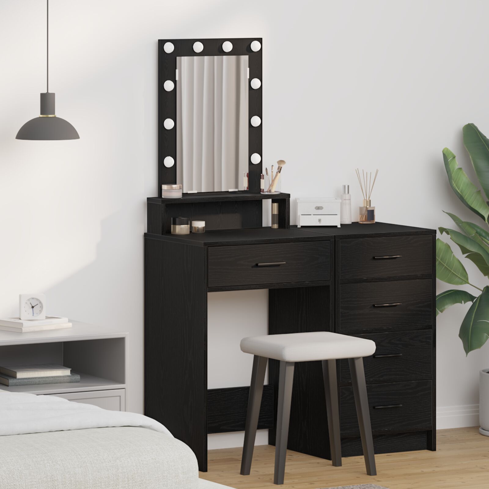 Mesa de maquiagem com luzes LED preto e carvalho 50x41x140 cm wf501911
