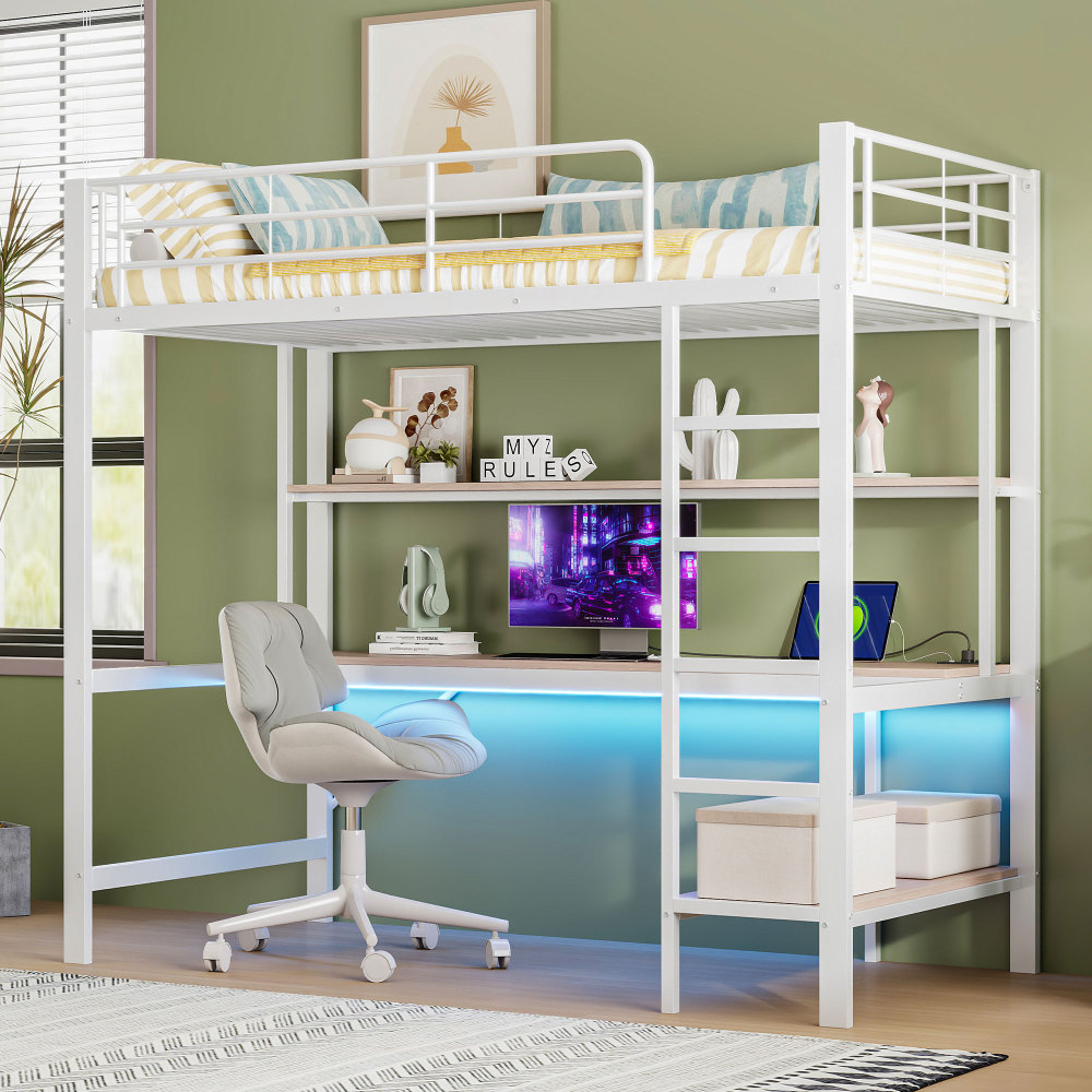 Cama alta 90x200cm com secretária arrumação LED metal branco