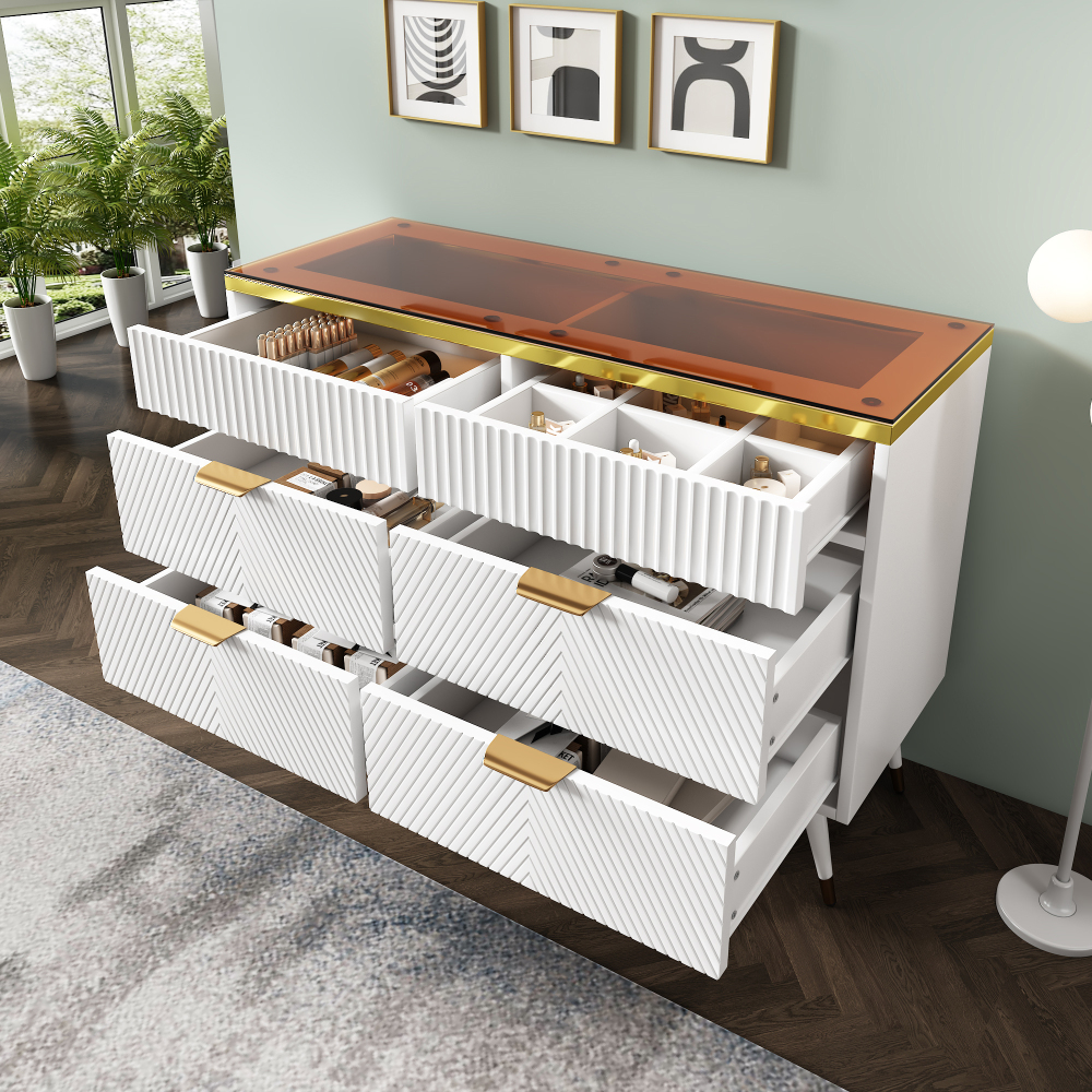 Cómoda com 6 gavetas vidro castanho branco 76x120x40cm