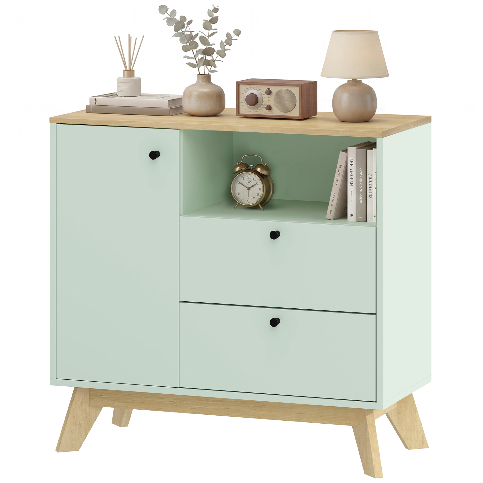 Aparador para sala de estar em mdf verde claro e carvalho 80x35x76,3 cm