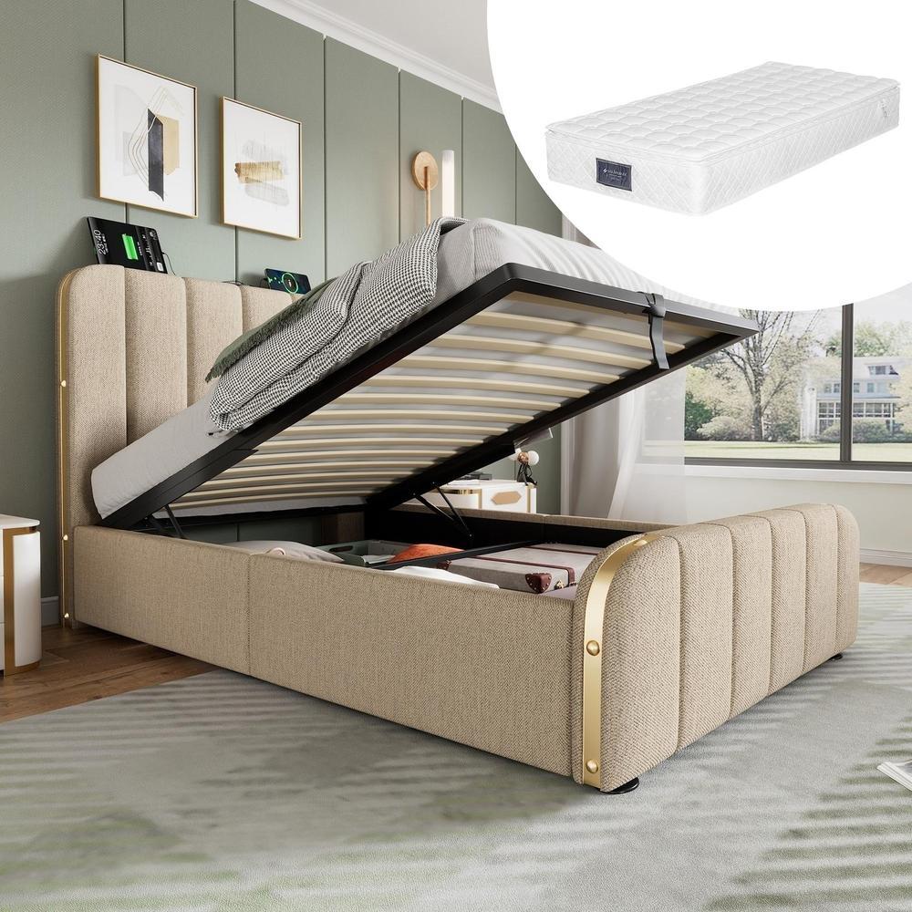 Cama solteiro 90x200 cm, bege, com colchão, elevação