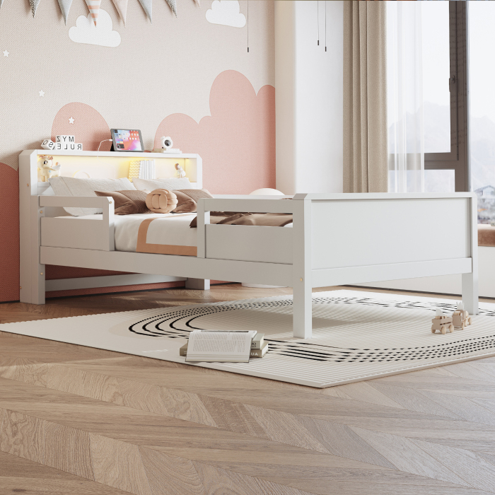 Cama infantil 90x200cm com LED e tomada multifuncional madeira branca