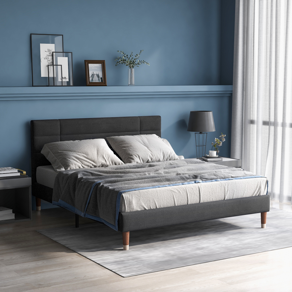 Cama de casal 140x200cm com colchão arrumação em linho cinzento